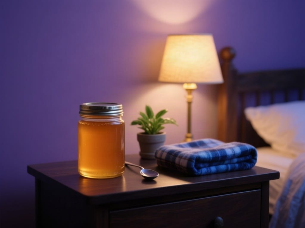 Photorealistic close still life with no people in a cozy bedroom at night: a plain unlabeled glass jar of amber raw hone