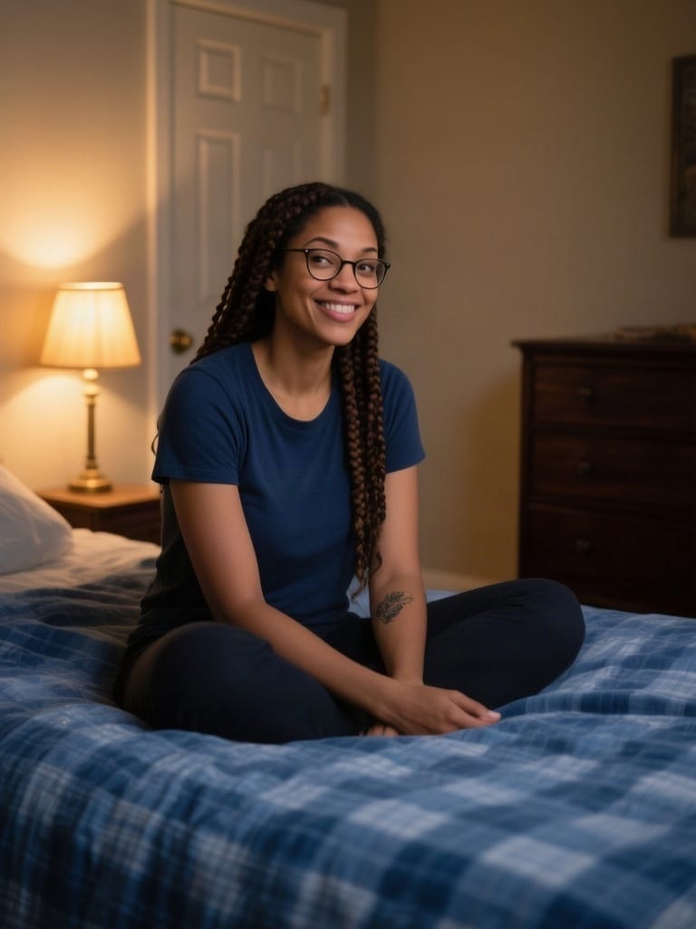 Photorealistic, slightly hyper-real eye-level medium shot in a cozy suburban bedroom at night: a woman in her early thir